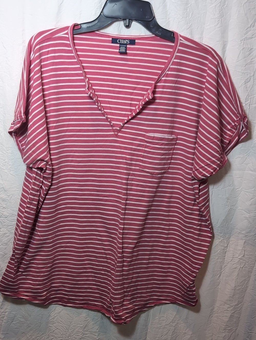 Chaps Striped V-Neck Pocket Tee — Red & White